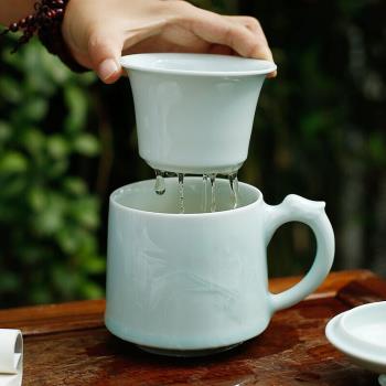 昌南茶杯景德鎮陶瓷雕刻茶水分離泡水杯帶蓋茶具辦公室杯子龍頭蘭