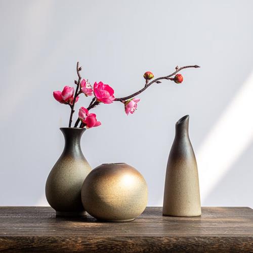 佟年新中式景德鎮創意復古粗陶小花瓶禪意擺件干花桌面桌面家居裝