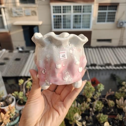 7.21景德鎮手捏粗陶多肉花盆 三足帶腳 馬卡龍色 透氣控型