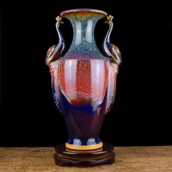 景德鎮陶瓷器 仿古孔雀藍色花瓶 中式客廳酒柜創意復古擺件裝飾品