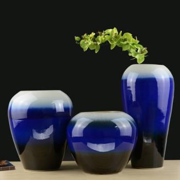 景德鎮陶瓷 藍色手工花瓶簡約 中式客廳電視柜插花家居工藝品擺件