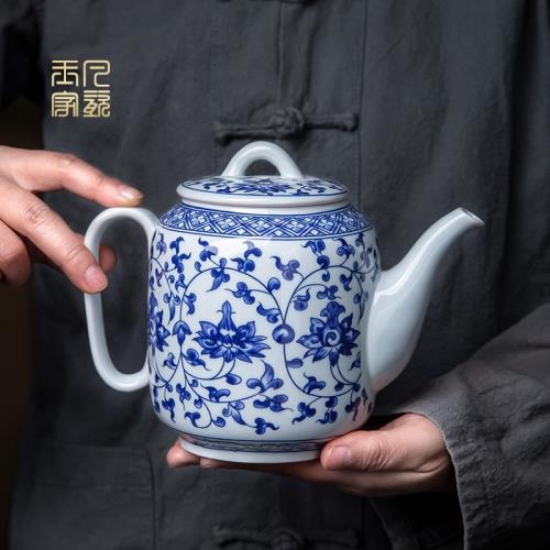 景德鎮陶瓷青花仿古茶壺茶杯防燙把手大容量泡茶壺家用中式涼水壺
