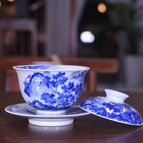 精品青花山水紋三才蓋碗景德鎮古玩古董陶瓷器仿古手工茶具|蓋碗|ETMall