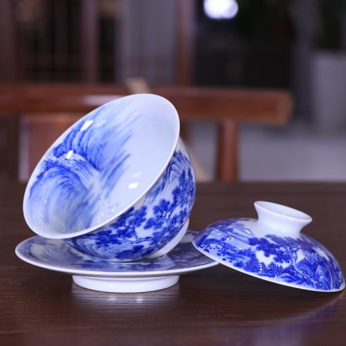 茶道具 青花 山水紋 嘉慶年製 款 蓋置 DT336 精品青花山水紋三才蓋碗景德鎮古玩古董陶瓷器仿古手工茶具|蓋碗|ETMall