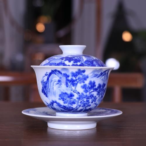 精品青花山水紋三才蓋碗景德鎮古玩古董陶瓷器仿古手工茶具|蓋碗|ETMall