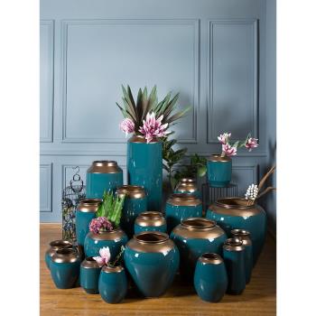 現代簡約景德鎮陶瓷落地大花瓶中式插花客廳擺件陶罐套裝干花花器