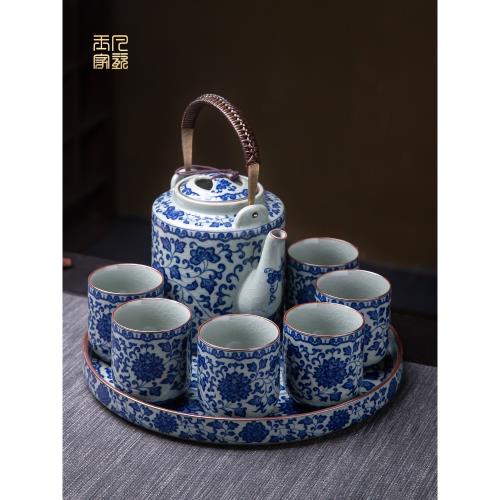 青花瓷功夫茶具套裝家用景德鎮陶瓷茶壺老陶泥大號提梁壺茶杯整套|整套