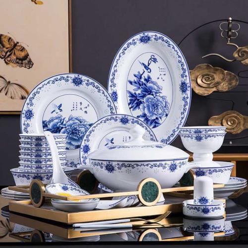 景德鎮青花瓷餐具套裝 碗盤 家用中式骨瓷碗碟套裝碗筷盤飯碗套裝