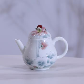 景德鎮釉下彩手工手繪水墨風荷韻梨型泡茶壺家用陶瓷巖茶球孔過濾