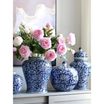 景德鎮陶瓷青花瓷花瓶擺件客廳插花新中式高級感釉下彩將軍罐花器