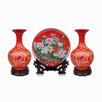 陶瓷花瓶擺件三件套盤子新中式景德鎮中國紅電視櫃裝飾品客廳插花