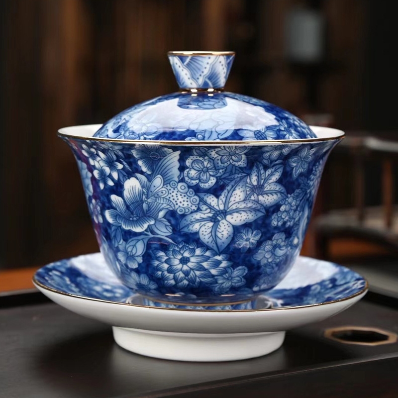 青花瓷蓋碗手繪描金萬花景德鎮三才蓋碗泡茶碗家用白瓷功夫茶具|蓋碗