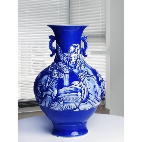 景德鎮雕刻藍色雙耳陶瓷花瓶中式家居客廳博古架裝飾品擺件藝術品|花器