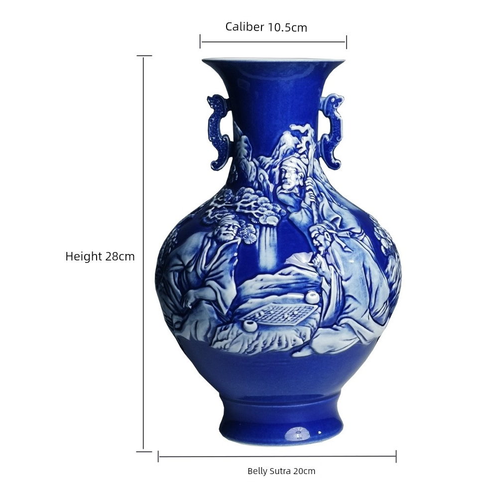 景德鎮雕刻藍色雙耳陶瓷花瓶中式家居客廳博古架裝飾品擺件藝術品|花器