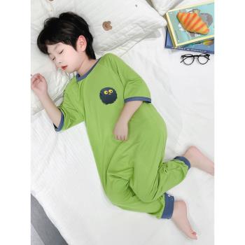 男童連體睡衣夏季莫代爾薄款男孩寶寶七分袖空調服睡袋兒童家居服