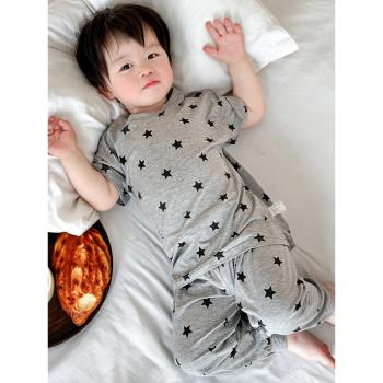 韓國高彈莫代爾兒童睡衣男童女孩夏季短袖薄款寶寶空調家居服套裝