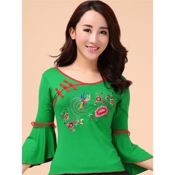 喇叭袖繡花廣場舞服裝女秋冬莫代爾舞蹈練功服大碼跳舞上衣表演服