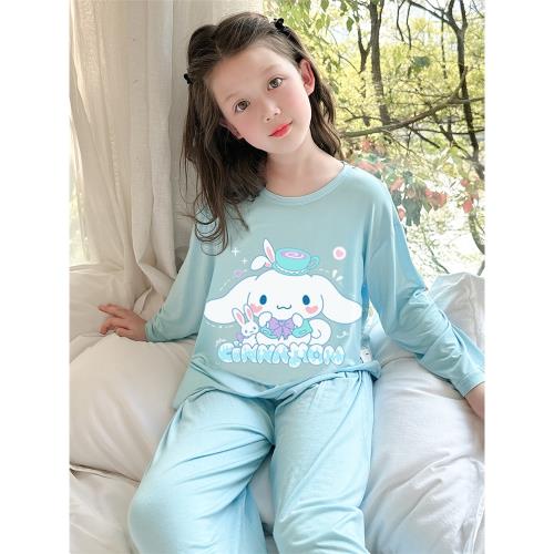 玉桂狗女童睡衣夏季莫代爾薄款長袖空調服女孩寶寶兒童家居服套裝