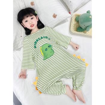 兒童連體睡衣夏季薄款莫代爾男女童卡通空調服7分袖嬰兒寶寶睡袋