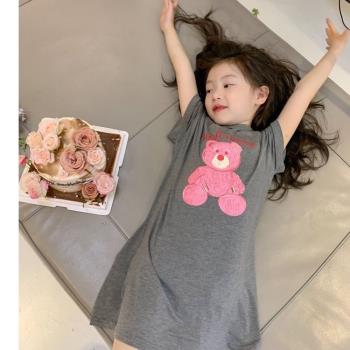 兒童睡衣裙女童卡通圓領家居服短袖2024夏季薄新款純棉莫代爾女孩