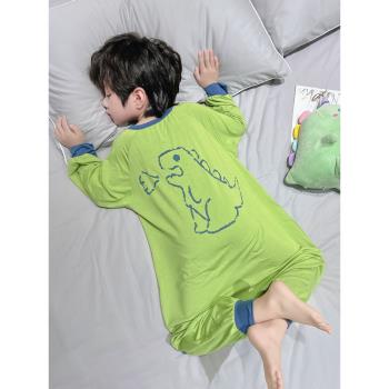 男童恐龍連體睡衣莫代爾夏季男孩寶寶防著涼睡袋春秋兒童家居服