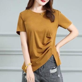 莫代爾棉短袖T恤女夏季時尚不規則側開叉上衣百搭洋氣彈力打底衫