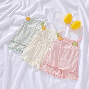 女童吊帶背心套裝夏季可愛寶寶夏裝莫代爾家居服短褲嬰兒薄款衣服