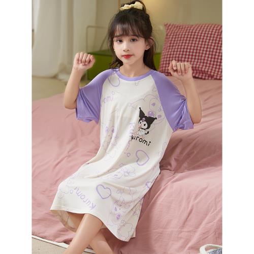 女童睡裙莫代爾短袖夏季薄款兒童連衣裙可愛卡通睡衣家居服可外穿