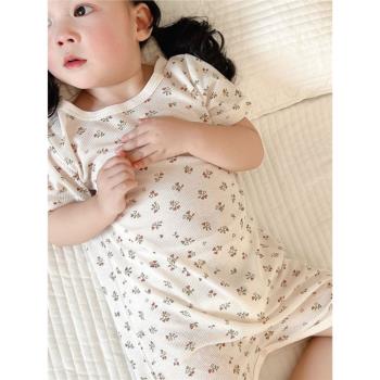 兒童家居服2024夏季新款女寶寶莫代爾短袖連體睡衣女童薄款空調服