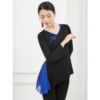 莫代爾舞蹈上衣女復古廣場舞新款服裝黑色跳舞練功服修身撞色舞衣