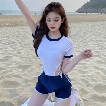 泳衣女新款韓國ins溫泉保守分體短袖比基尼平角褲顯瘦遮肚 游泳裝