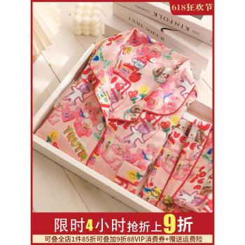 多巴胺甜美睡衣女款2024新款春款純棉雙層紗布少女ins長袖家居服
