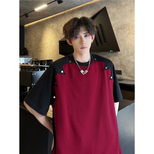 TANGZ STUDIO美式復古拼接撞色墊肩T恤ins潮牌重磅小領口短袖體恤