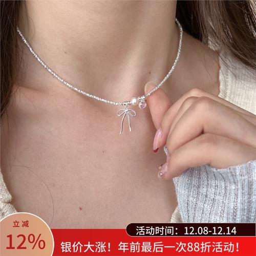 925純銀輕奢精致蝴蝶結粉鉆愛心碎銀子項鏈女鎖骨鏈簡約ins少女心