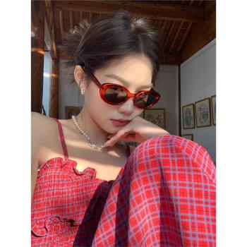 韓版網紅墨鏡女高級感ins紅色貓眼大臉顯瘦夏季防曬橢圓太陽鏡潮