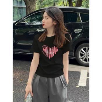 韓版2024潮流夏季新品短袖T恤女修身顯瘦黑色純棉圓領內搭上衣ins
