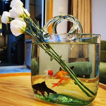 網紅創意包包手提袋花瓶家用客廳桌面個性ins小型玻璃透明金魚缸