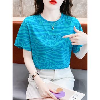 韓國豹紋刺繡純棉短袖t恤女2024年新款夏季寬松洋氣別致上衣ins潮