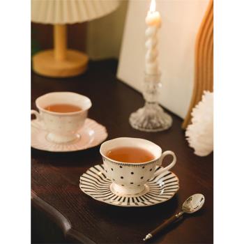 法式 骨瓷經典波點條紋咖啡杯碟 復古下午茶具茶杯小碟 花茶ins