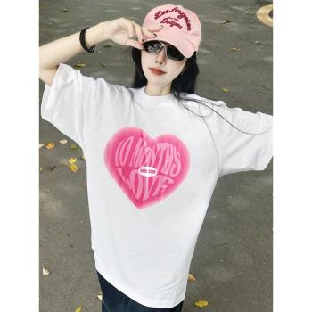 美式潮牌黑色愛心正肩t恤女短袖夏季2025爆款寬松設計感上衣ins潮