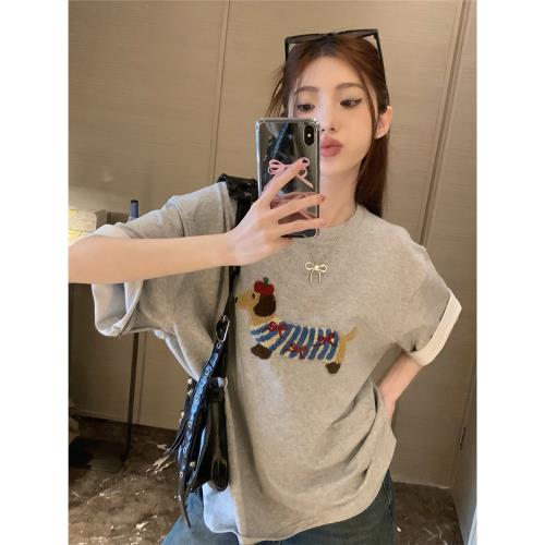 大曼同學~臘腸小狗短袖2024春夏新款減齡設計感美式T恤女ins潮