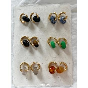 天然黑瑪瑙耳扣兩戴圓形金屬耳圈ins高階感輕奢小眾簡約平安扣環