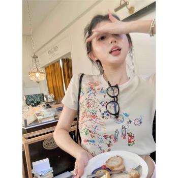 印花塗鴉短袖T恤女夏季薄款復古修身顯瘦圓領短款正肩辣妹上衣ins