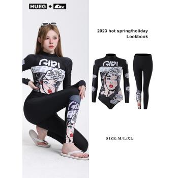 HUEG 爆款ins連體泳衣女款遮肚顯瘦沖浪長袖卡通防曬潛水服泡溫泉