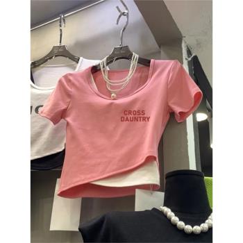 冰絲莫代爾印花假兩件短袖T恤女潮夏季韓版新款圓領短款不規則衫