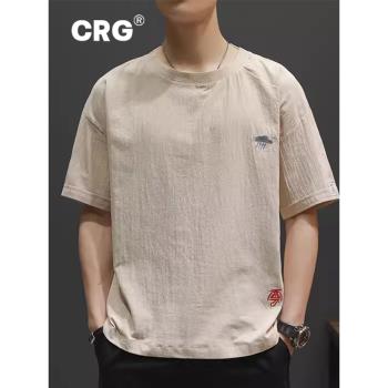 香港潮牌夏季亞麻t恤男短袖中國風棉麻半袖寬松亞麻刺繡上衣服ins