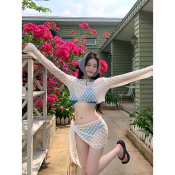 泳衣女夏四件套分體長袖ins辣妹心機性感微透打底蕾絲防曬比基尼