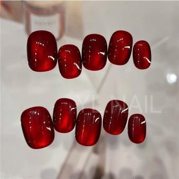 【YL.NAIL潘多拉】純手工甲片小紅書ins高階紅色貓眼玻璃珠穿戴甲