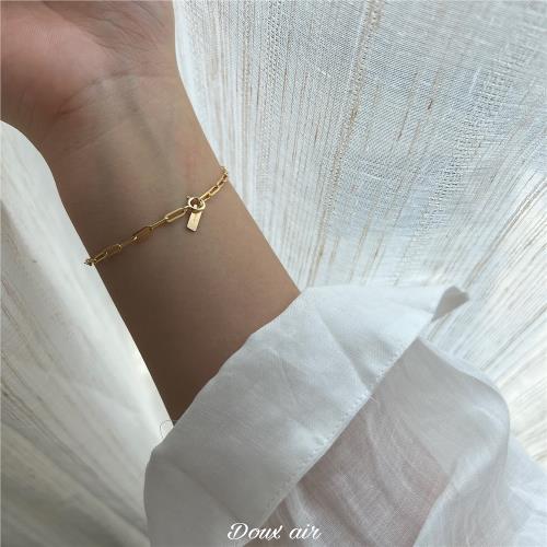 DouxAir氣質簡約14k包金手鏈冷淡風ins長方鏈素鏈女日常疊戴百搭