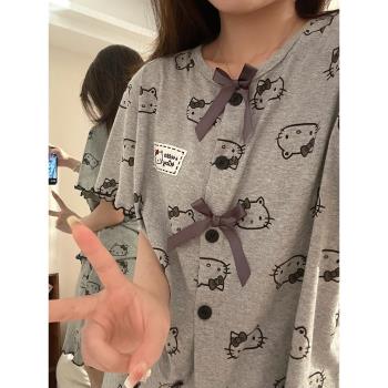 ins少女甜美hellokitty花邊短袖純棉睡衣夏季短褲卡通家居服套裝